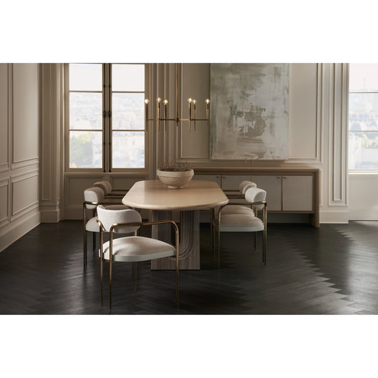 Emphasis Dining Table by Caracole in sun drenched oak, lucent bronze plated metal. Made from oak, quartersawn oak in a modern style.