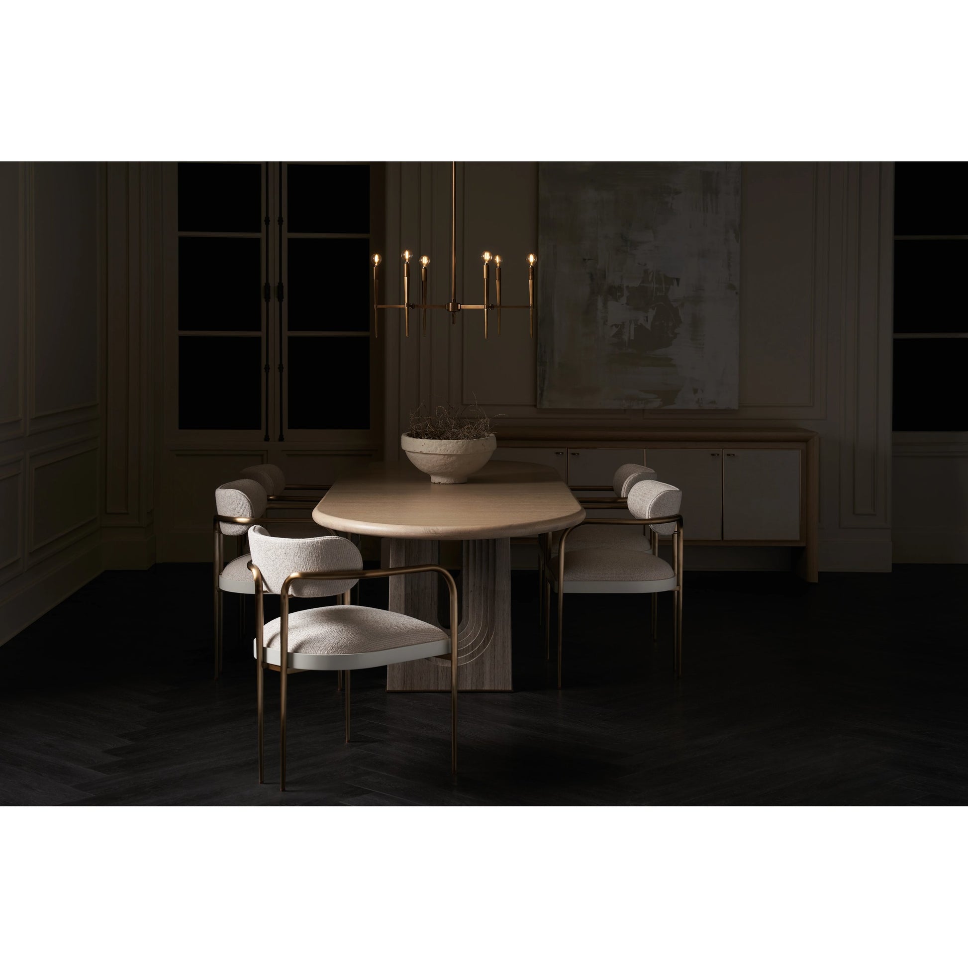Emphasis Dining Table by Caracole in sun drenched oak, lucent bronze plated metal. Made from oak, quartersawn oak in a modern style.