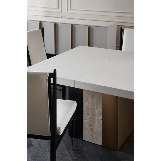 Unity Dark Dining Table by Caracole in burnished adobe, cinder, lucent bronze plated metal. Made from asian hardwood, oak, stone in a modern style.