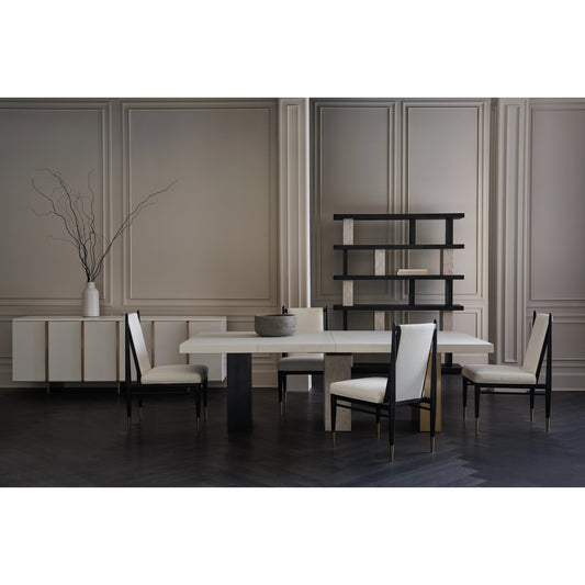Unity Dark Dining Table by Caracole in burnished adobe, cinder, lucent bronze plated metal. Made from asian hardwood, oak, stone in a modern style.