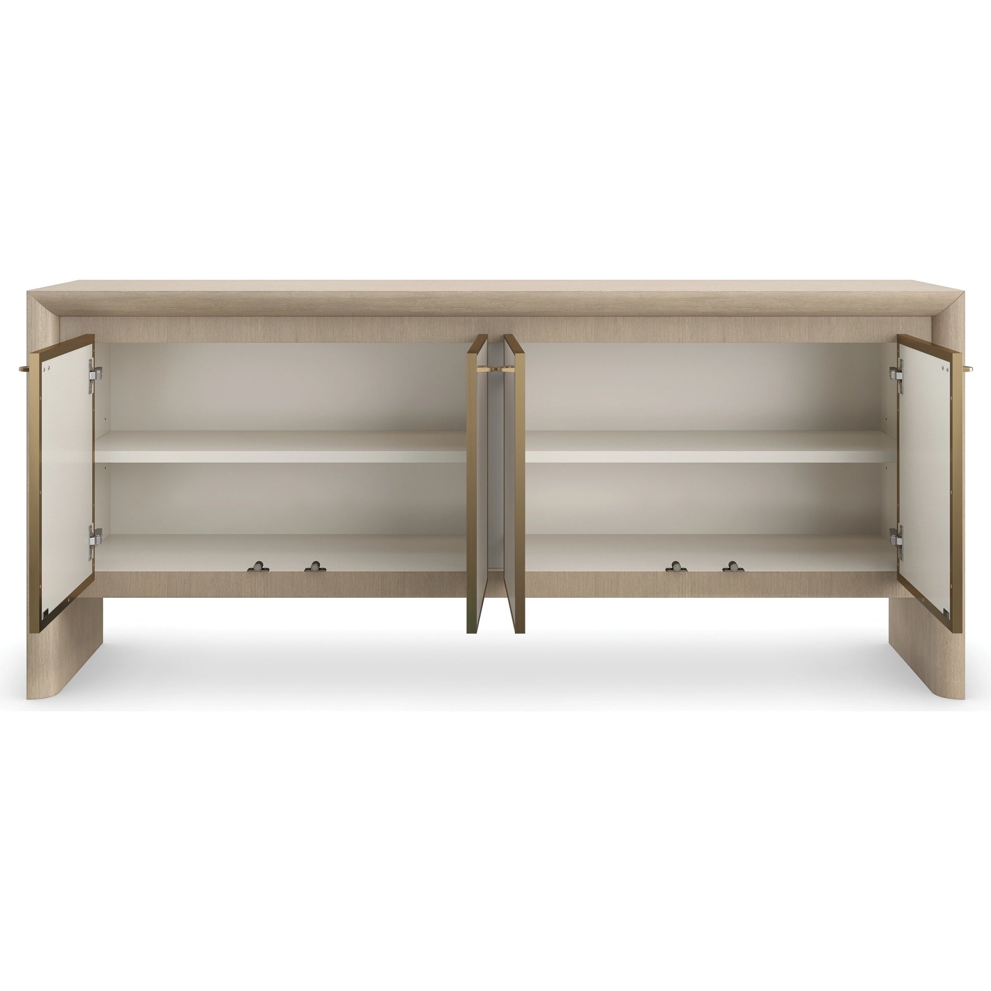 Unity Credenza by Caracole in sun drenched oak, lucent bronze plated metal. Made from oak, quartersawn oak in a modern style.