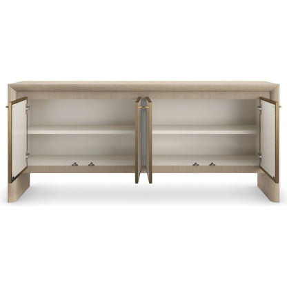 Unity Credenza by Caracole in sun drenched oak, lucent bronze plated metal. Made from oak, quartersawn oak in a modern style.