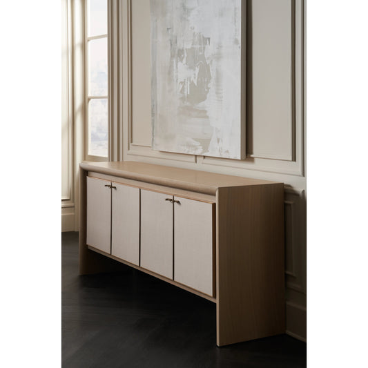 Unity Credenza by Caracole in sun drenched oak, lucent bronze plated metal. Made from oak, quartersawn oak in a modern style.