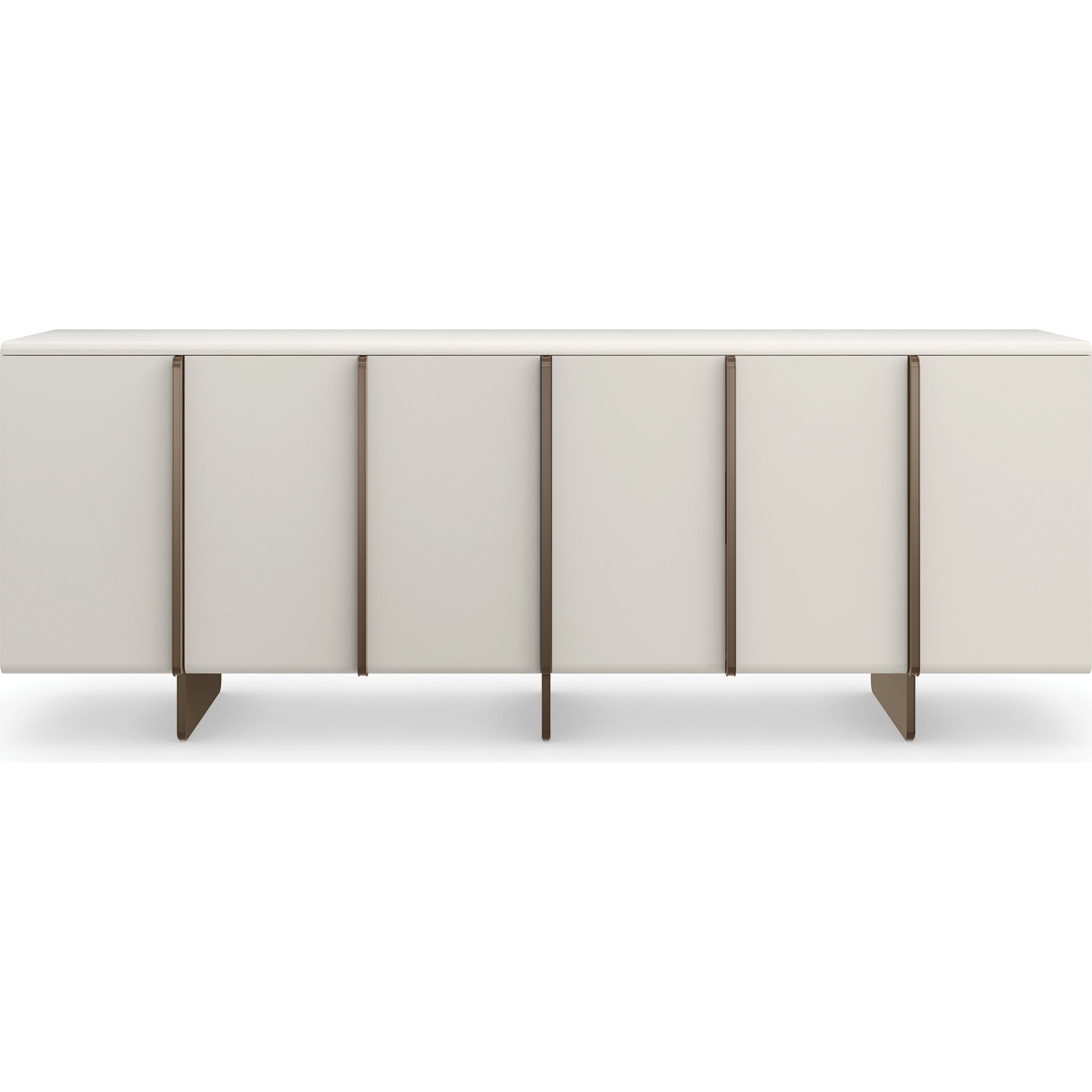 Emphasis Credenza by Caracole in almost white, textured adobe, lucent bronze plated metal. Made from birch in a modern style.