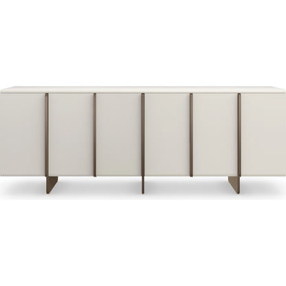 Emphasis Credenza by Caracole in almost white, textured adobe, lucent bronze plated metal. Made from birch in a modern style.