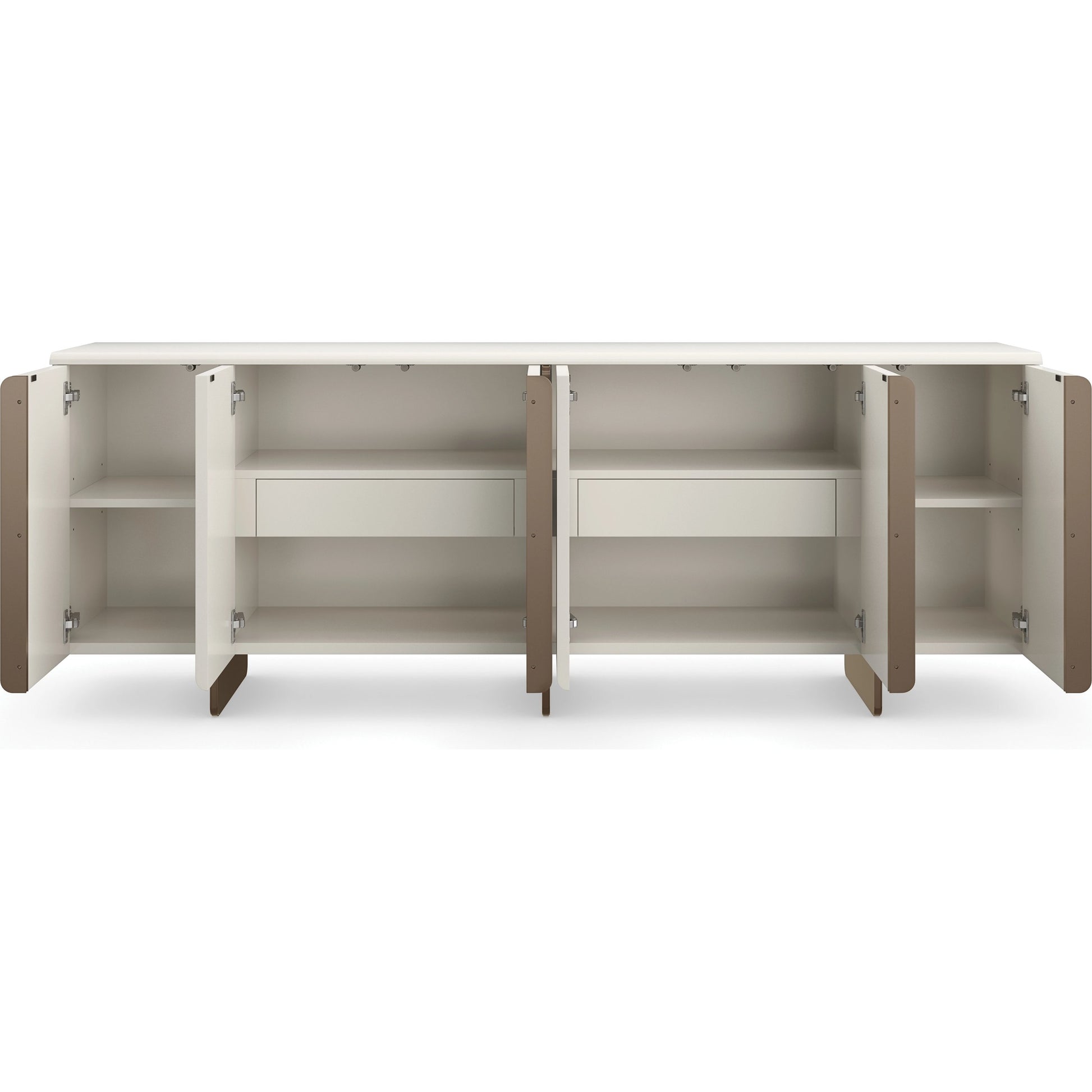 Emphasis Credenza by Caracole in almost white, textured adobe, lucent bronze plated metal. Made from birch in a modern style.