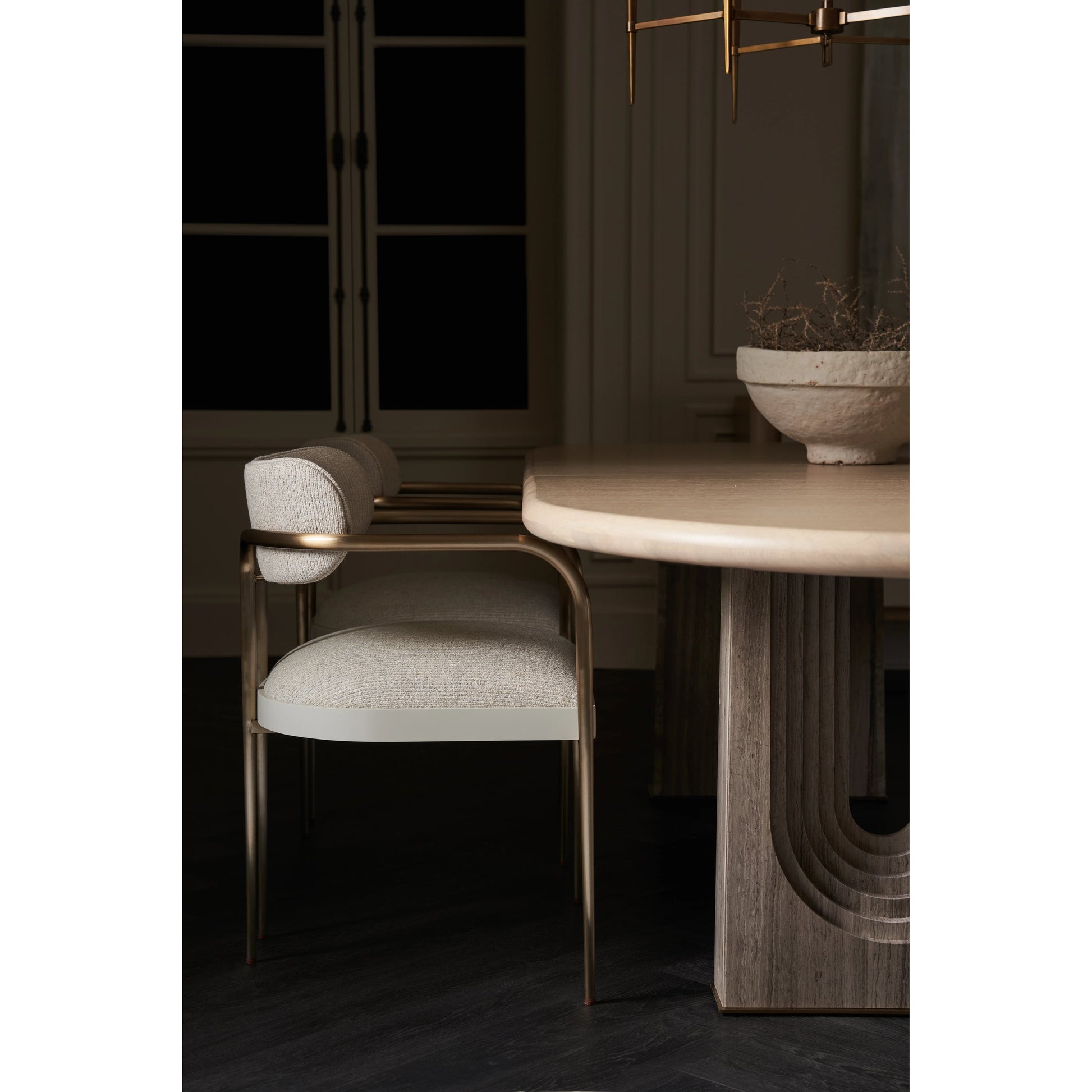 Emphasis Dining Chair by Caracole in lucent bronze plated metal, almost white. Made from metal in a modern style.