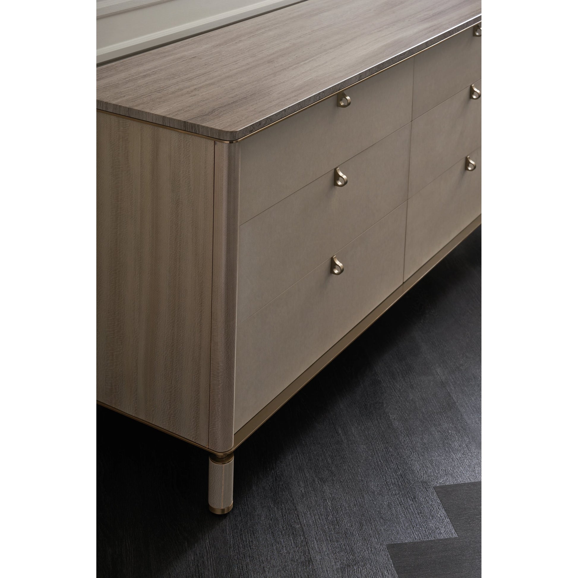 Balance Dresser by Caracole in cremini, lucent bronze plated metal. Made from asian hardwood, stone, metal, silver platano in a modern style.