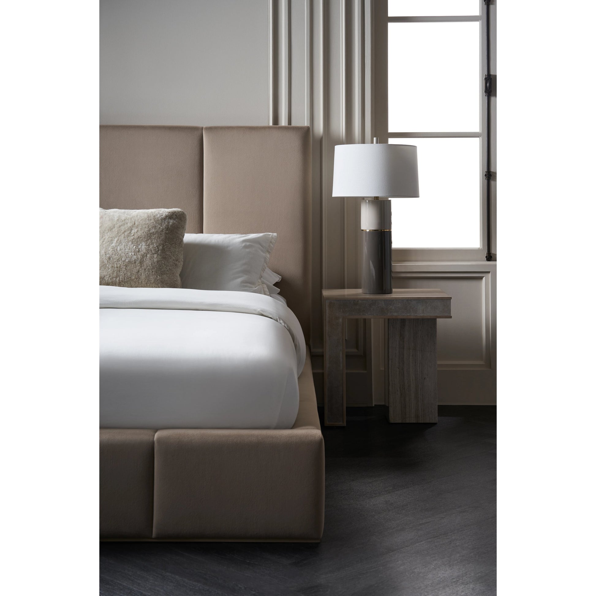 Balance Bed by Caracole in putty. Made from poplar in a modern style.