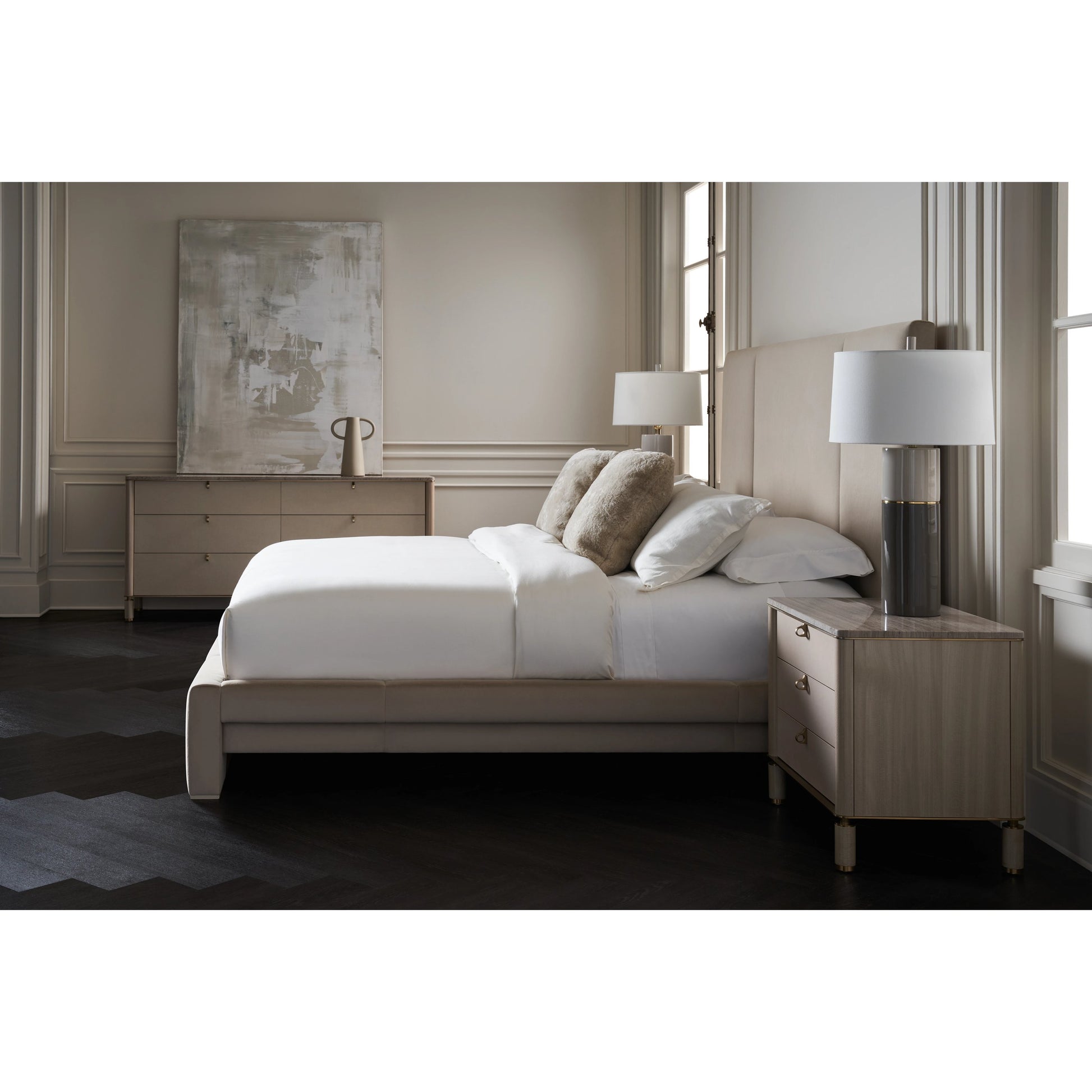 Balance Bed by Caracole in putty. Made from poplar in a modern style.