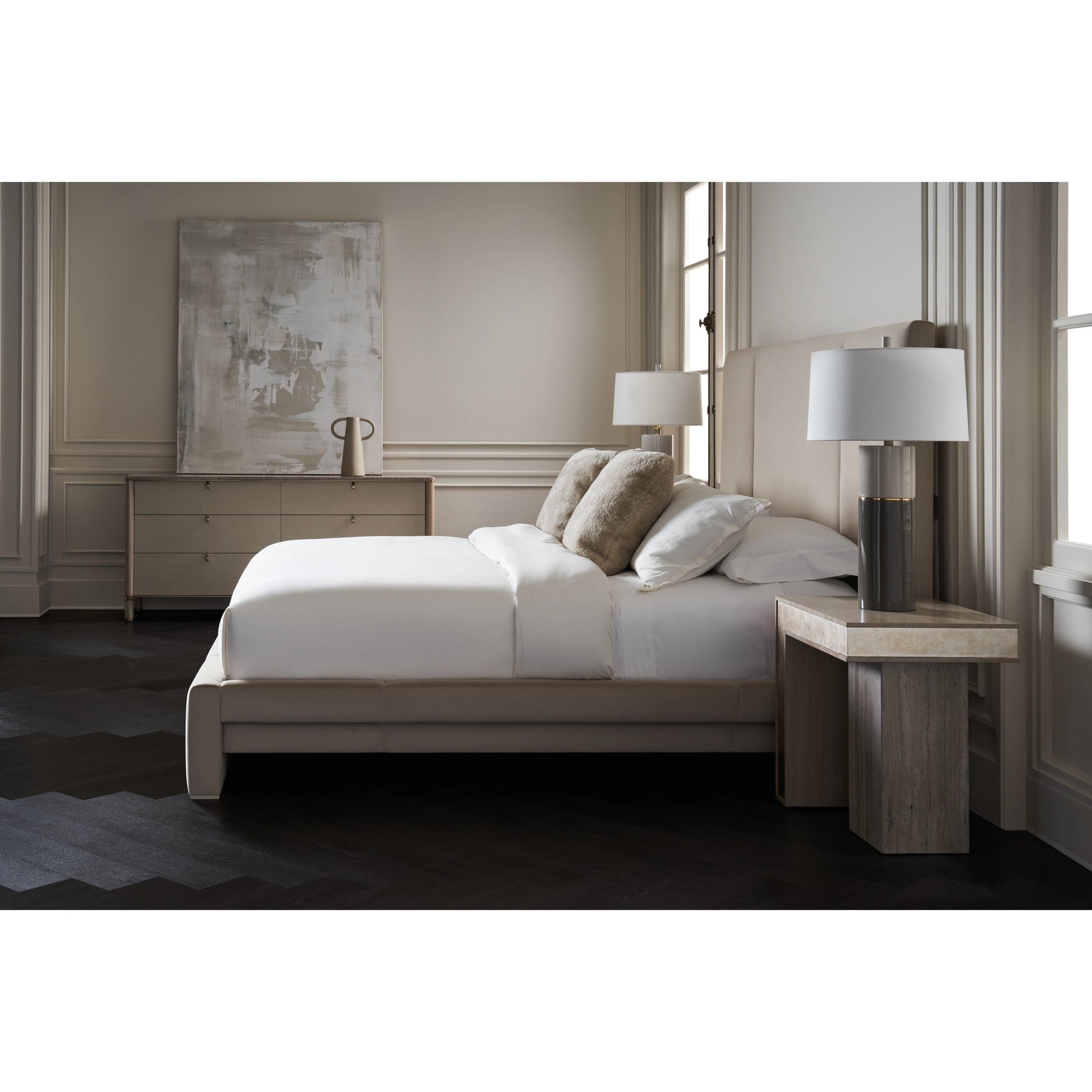 Balance Bed by Caracole in putty. Made from poplar in a modern style.