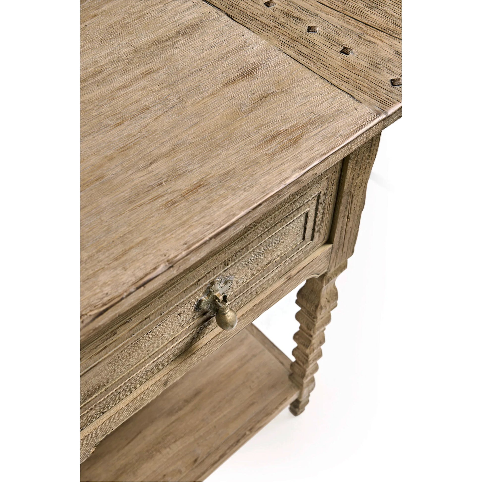 Sagehill Spindle-Leg Console by Jonathan Charles in timberon grey oak. Made from main oak in a unique style.