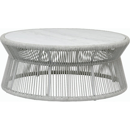 Miami Outdoor Coffee Table by Sunset West in frost. Made from olefin rope in a coastal style.