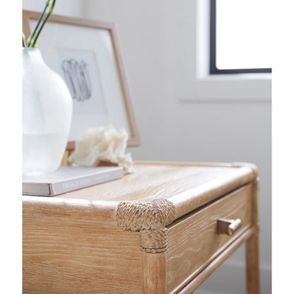 Retreat Pole Rattan End Table by Hooker Furniture in dune. Made from oak, maple veneers with rope in a cottage & farmhouse style.