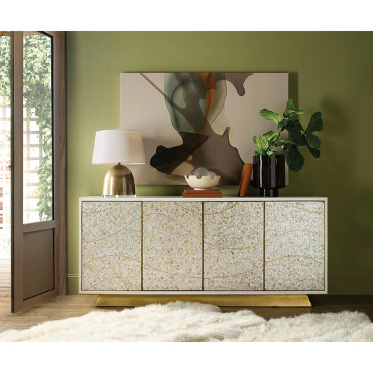 Melange Shelly Credenza by Hooker Furniture in soft white, gold base. Made from wood, capiz shell in a unique style.