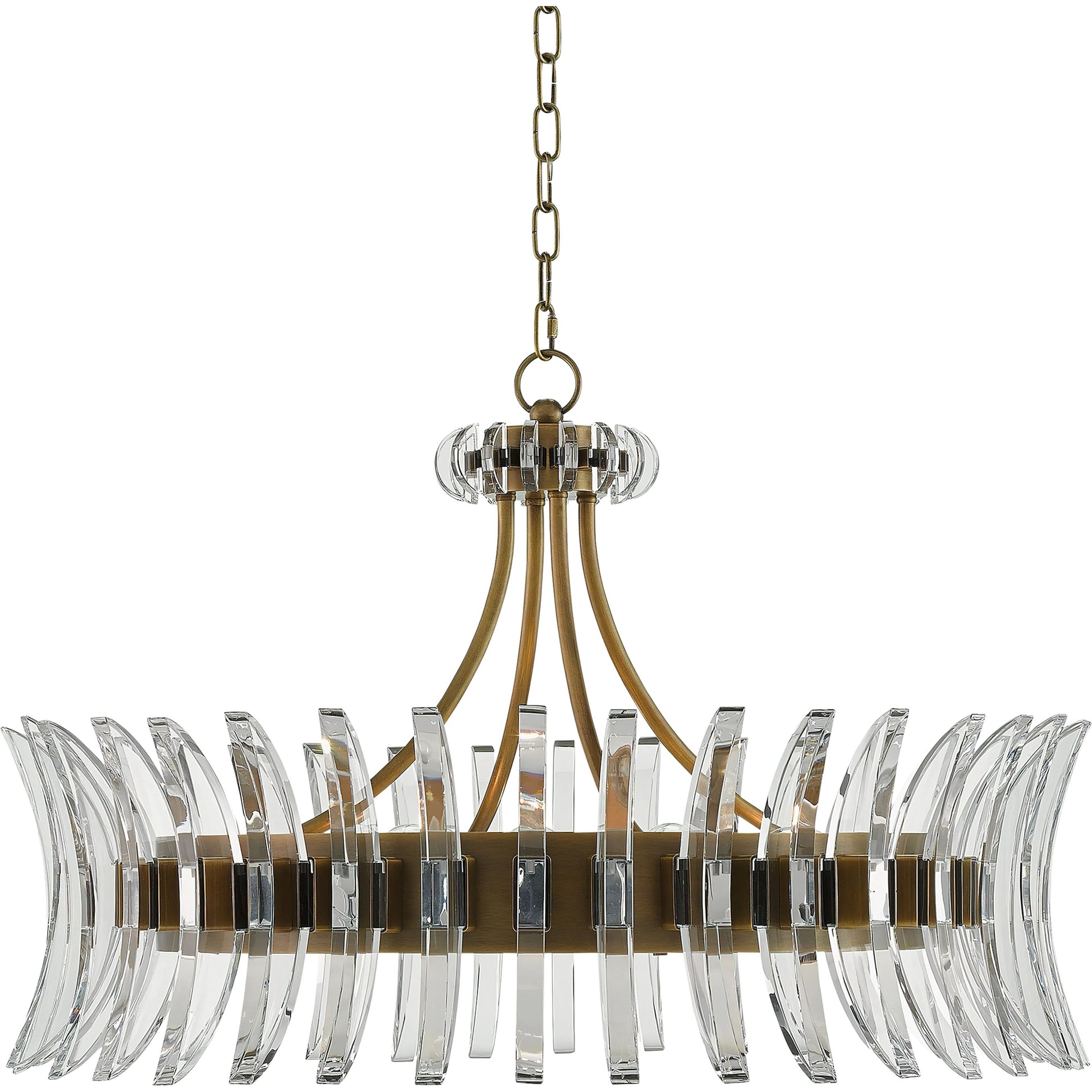 Coquette Brass Chandelier by Currey and Company in antique brass. Made from metal, crystal in a modern style.