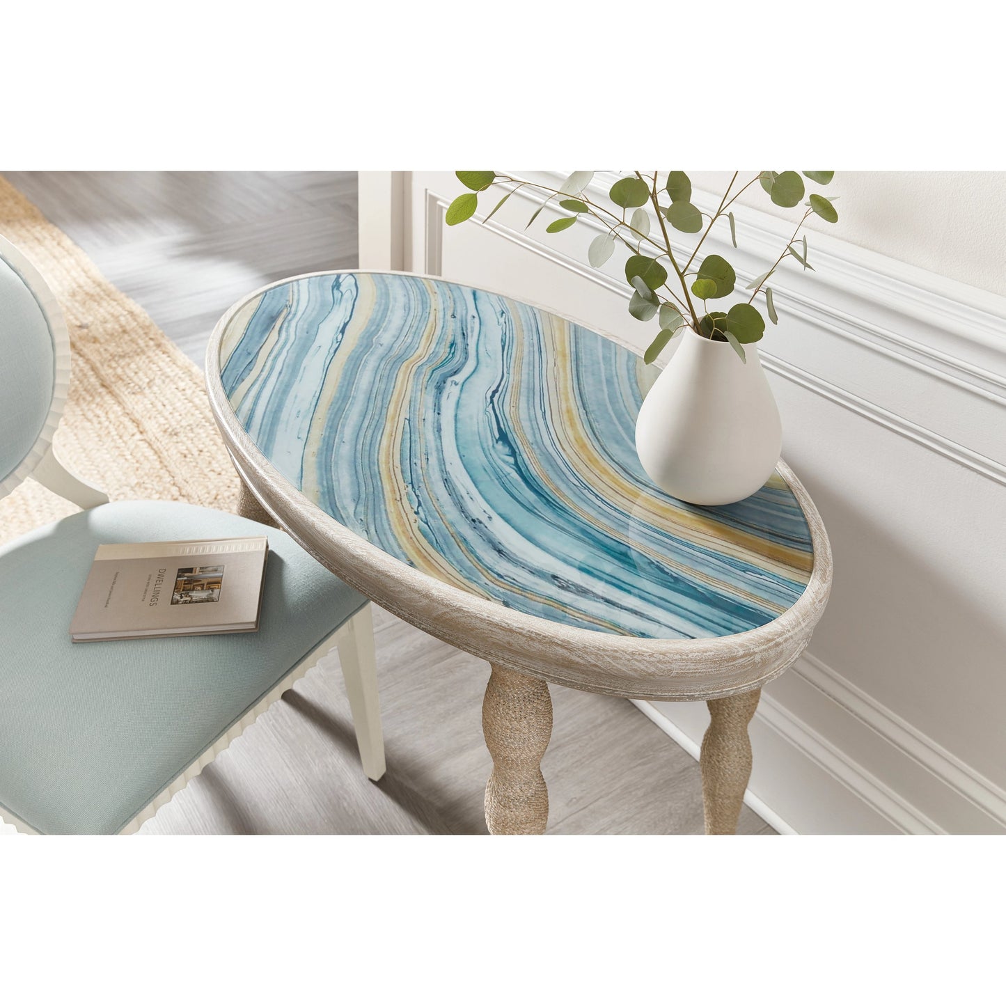 004 SI-1900877 | Lifestyle | Serenity Shoal Writing Desk by Hooker Furniture in surf. Made from oak veneers, rope, printed glass in a cottage & farmhouse style.