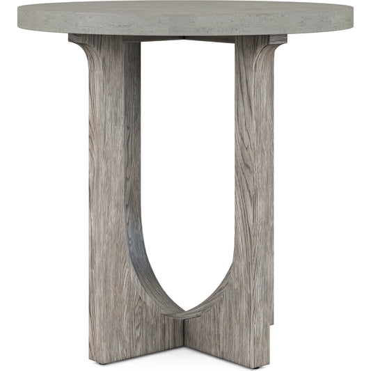 Vault Round Chair Side Table by A.R.T. Furniture in gray and mink. Made from parawood solids, white oak veneers, resin in a modern style.