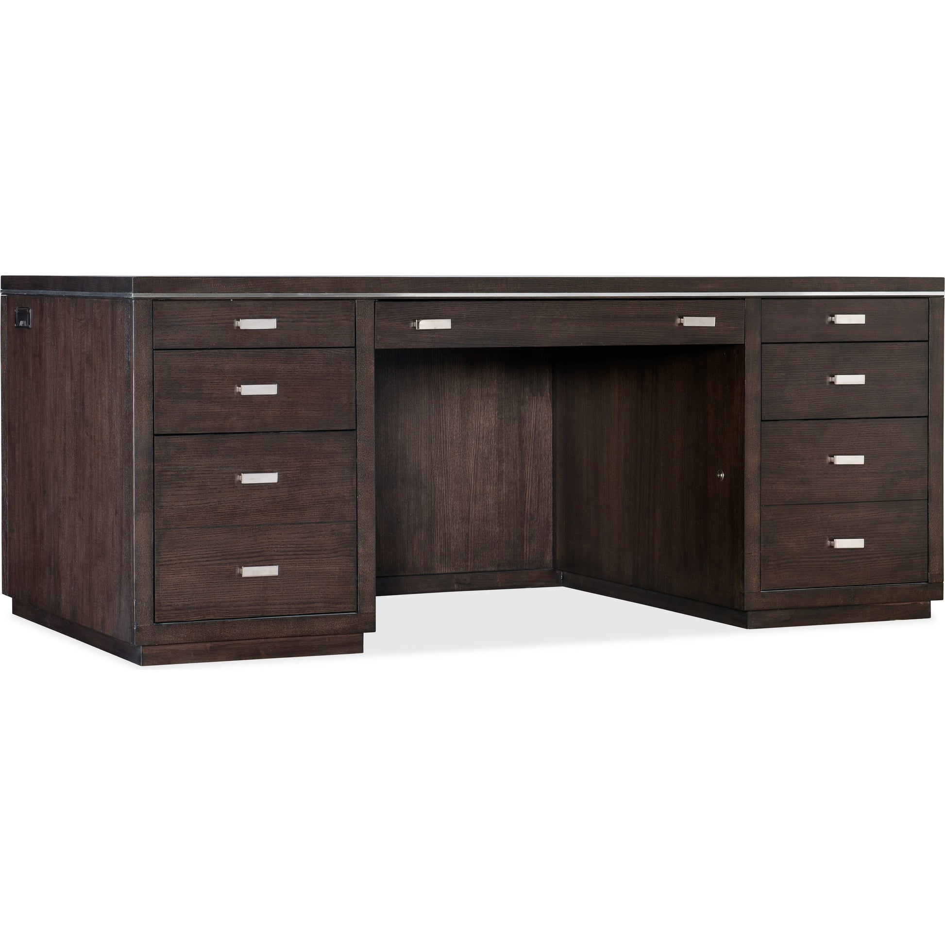 House Blend Executive Desk by Hooker Furniture in dark roast. Made from quartered ash veneers, metal in a transitional style.
