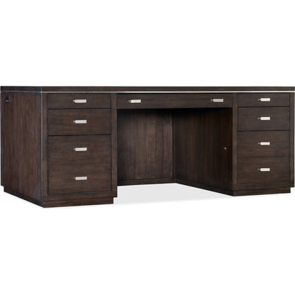 House Blend Executive Desk by Hooker Furniture in dark roast. Made from quartered ash veneers, metal in a transitional style.