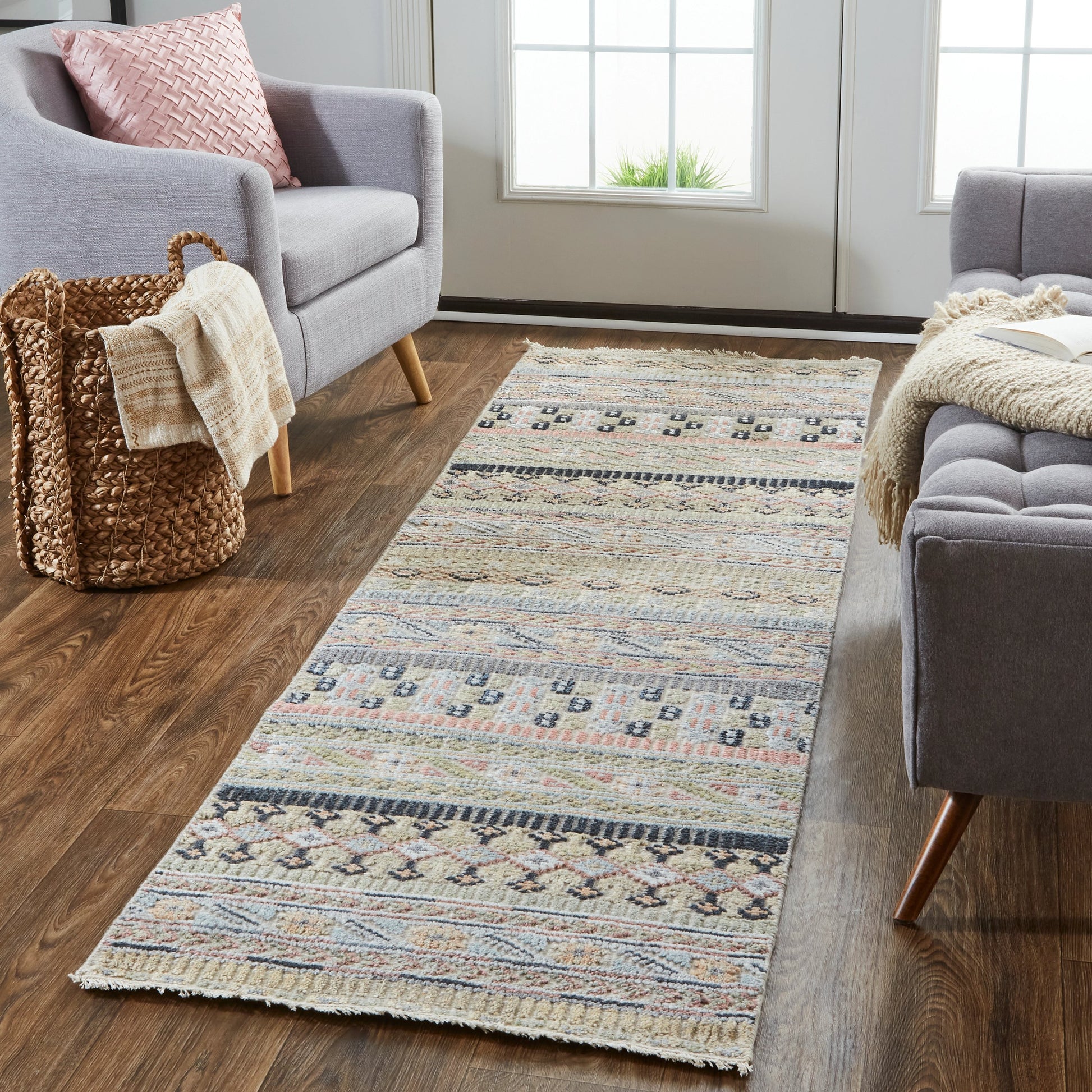 Payton Transitional Stripes Rug - 6498F by Feizy in tan, orange, blue. Made from viscose, wool in a unique style.
