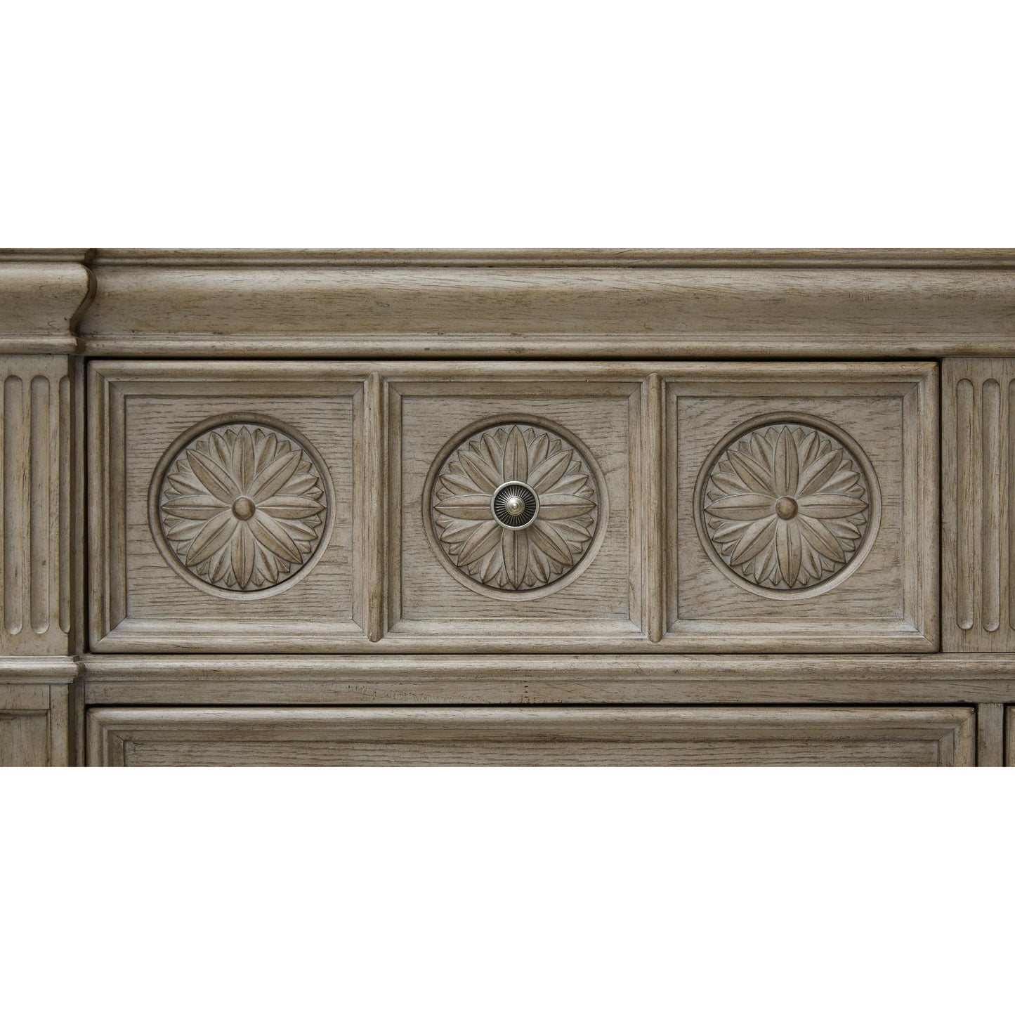 005 SI-2155597 | Closeup | Kingsbury Master Chest by Pulaski Furniture in french grey. Made from oak veneers, hardwood solids in a traditional style.