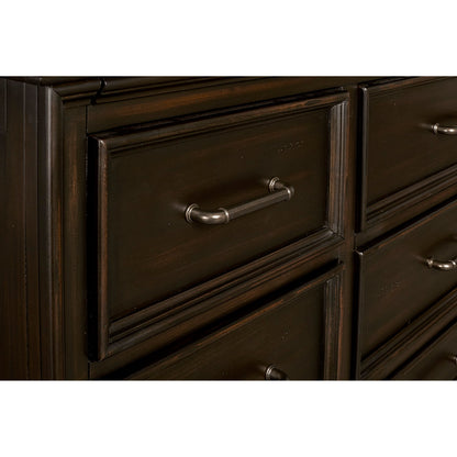 Caldwell Dresser/Mirror by Pulaski Furniture in deep brown. Made from acacia veneers, asian hardwood in a traditional style.
