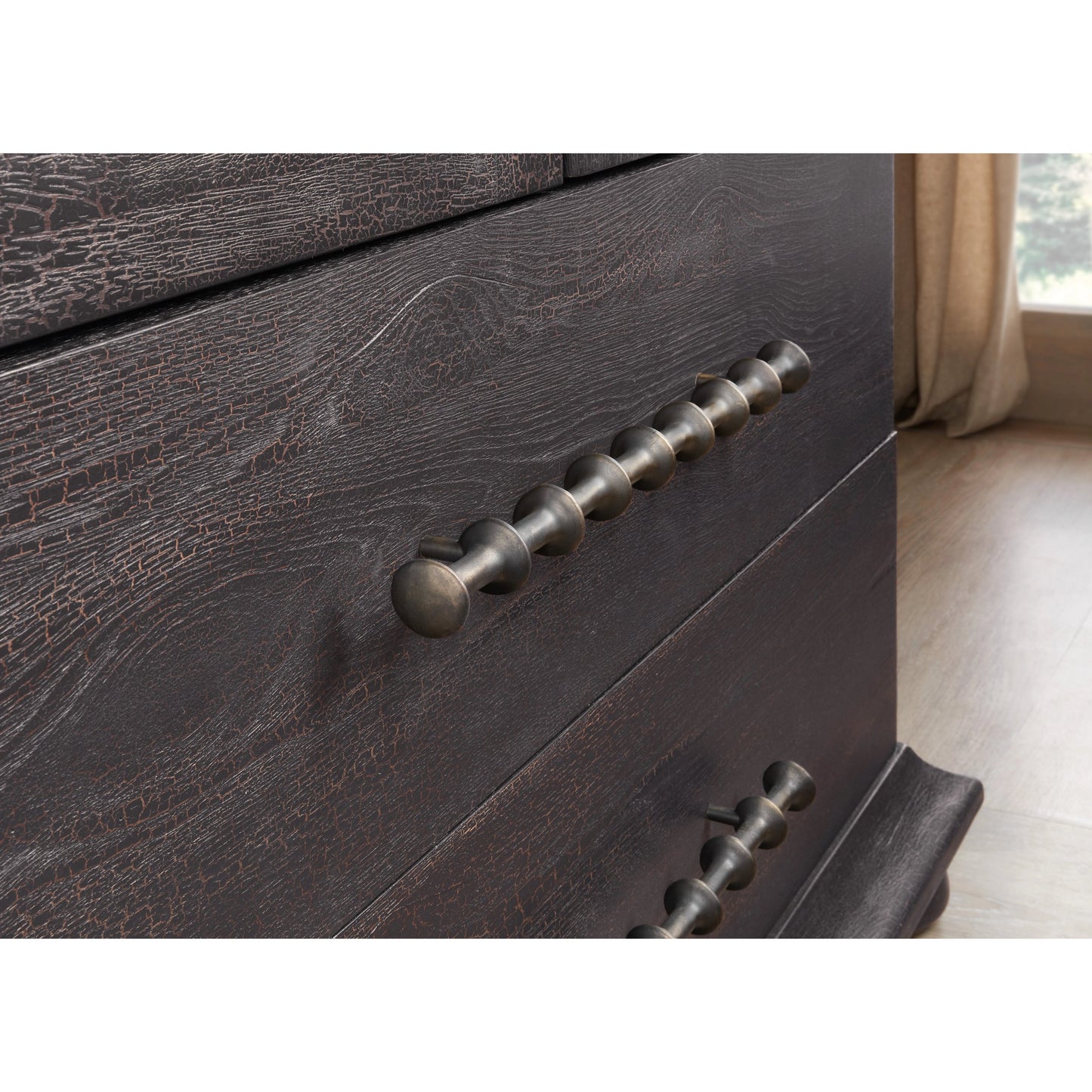 004 SI-1959528 | Closeup | Big Sky Small Wardrobe by Hooker Furniture in charred timber. Made from pecky hickory veneers, burlap in a traditional style.