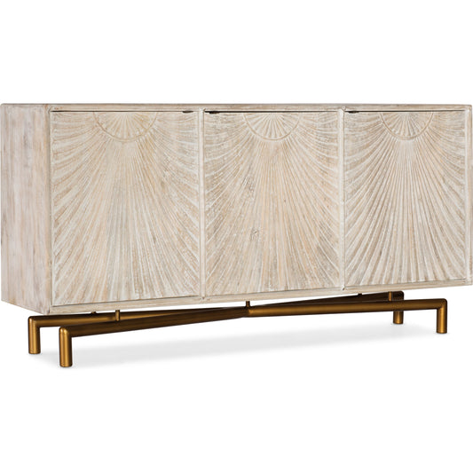 Entertainment Console by Hooker Furniture in rustic light mango. Made from mango wood, iron in a modern style.