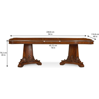 Old World Double Pedestal Dining Table by A.R.T. Furniture in brown and medium cherry. Made from new zealand pine solids, cathedral cherry veneer, exotic avodire veneer in a traditional style.