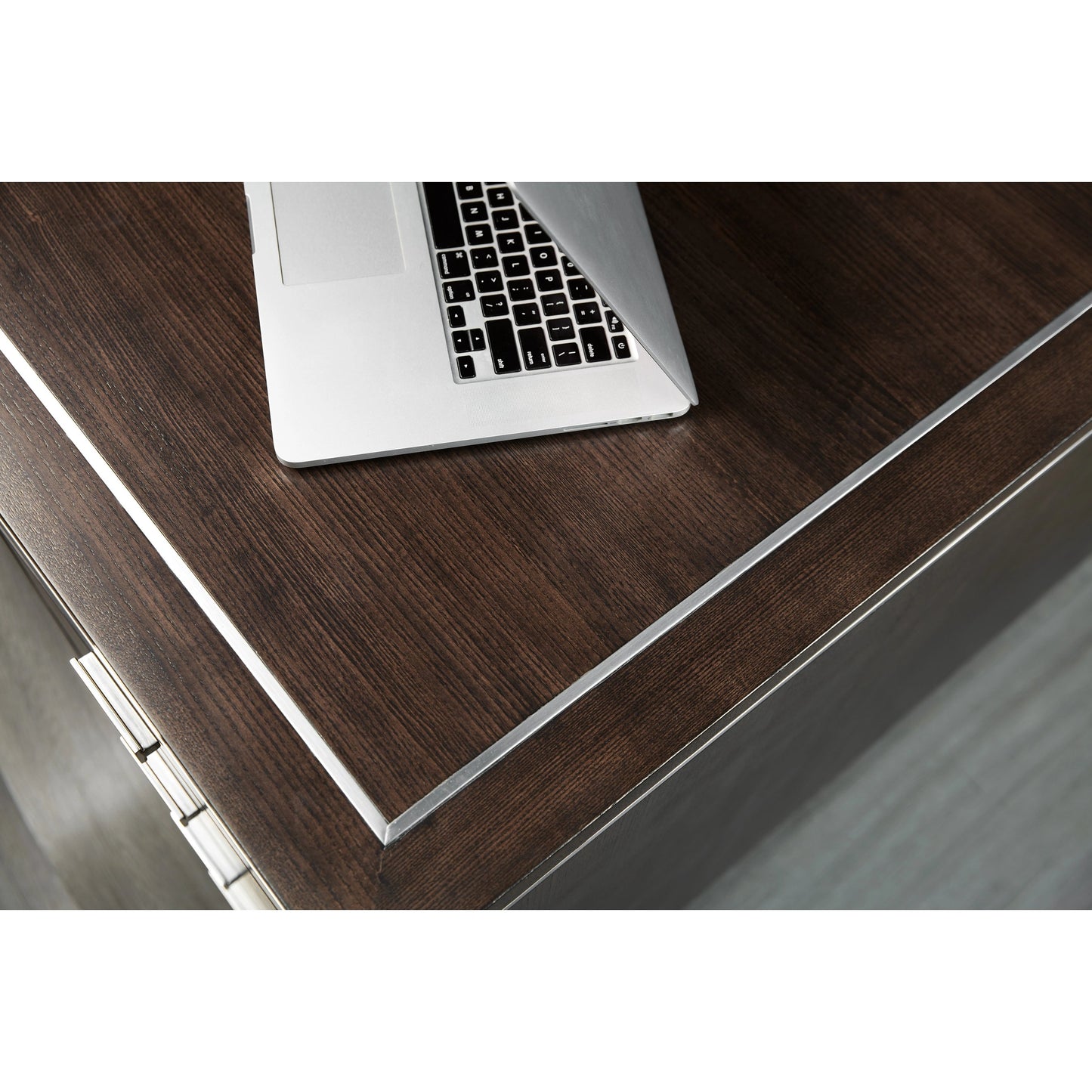 005 SI-1996325 | Closeup | House Blend Executive Desk by Hooker Furniture in dark roast. Made from quartered ash veneers, metal in a transitional style.