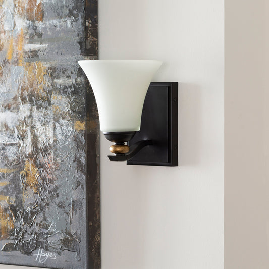 Maddux Wall Sconce - 25334 by Surya in black and paintedgilded,powder coatedfrosted. Made from glass, metal in a traditional style.
