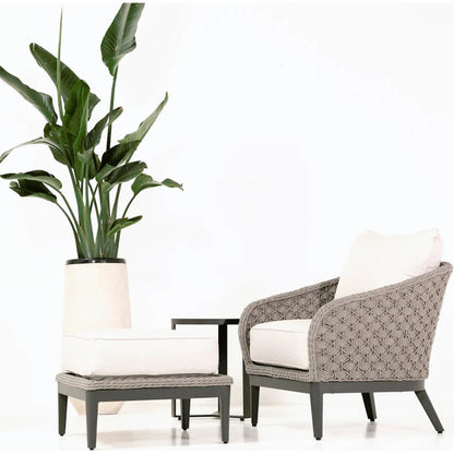 Marbella Outdoor Ottoman by Sunset West in graphite. Made from olefin rope in a modern style.