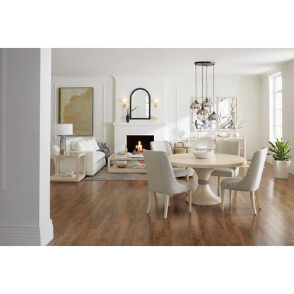 Nouveau Chic Round Pedestal Dining Table by Hooker Furniture in sandstone. Made from oak veneers, resin in a modern style.