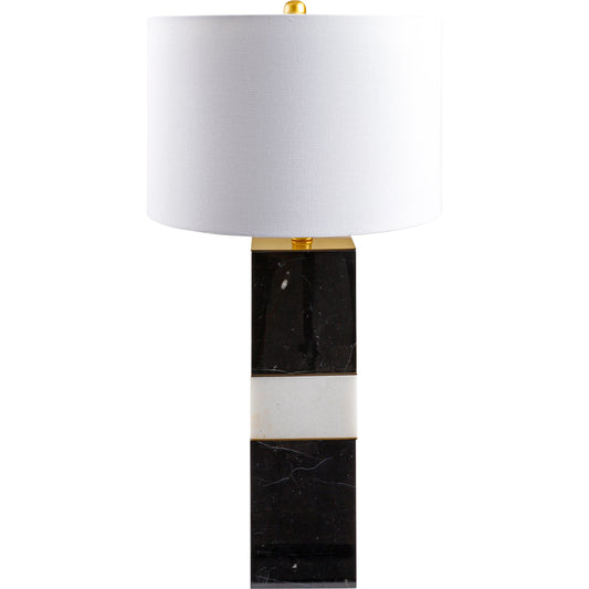 Majestic - 498936 by Surya in body: black, white, shade: white, finial: clear, harp: metallic - gold, cord: translucent and natural, translucent. Made from body: marble, marble, shade (outside): linen, shade (inside): pol