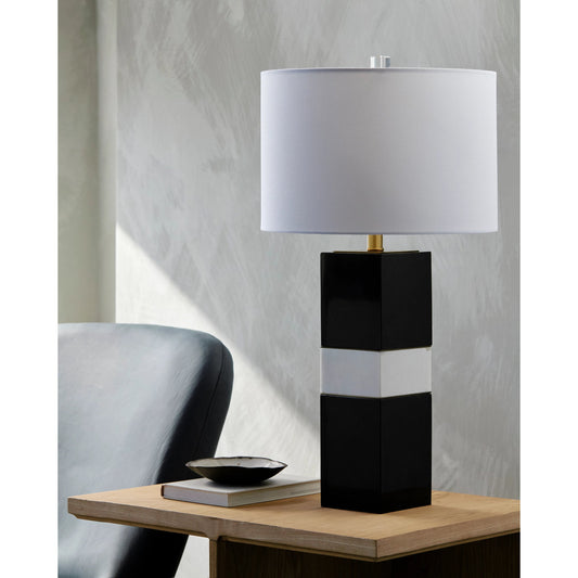 Majestic - 498936 by Surya in body: black, white, shade: white, finial: clear, harp: metallic - gold, cord: translucent and natural, translucent. Made from body: marble, marble, shade (outside): linen, shade (inside): polyester