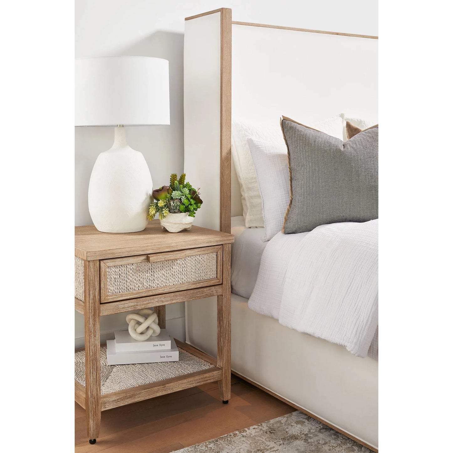 004 SI-2138255 | Lifestyle | Malay Nightstand by Essentials For Living in white wash abaca rope, natural gray mahogany. Made from natural abaca rope, solid mahogany wood, mdf in a cottage & farmhouse style.