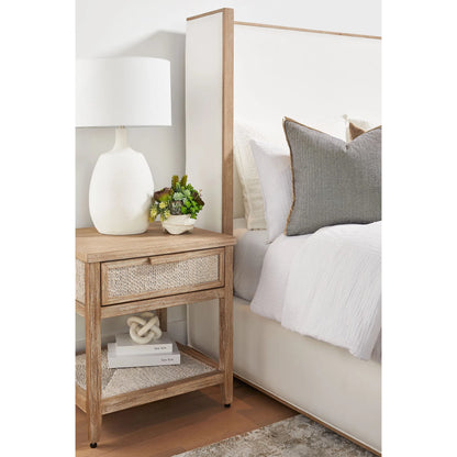 Malay Nightstand by Essentials For Living in white wash abaca rope, natural gray mahogany. Made from natural abaca rope, solid mahogany wood, mdf in a cottage & farmhouse style.