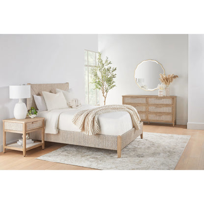 Malay Nightstand by Essentials For Living in white wash abaca rope, natural gray mahogany. Made from natural abaca rope, solid mahogany wood, mdf in a cottage & farmhouse style.