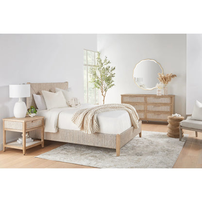 Malay Nightstand by Essentials For Living in white wash abaca rope, natural gray mahogany. Made from natural abaca rope, solid mahogany wood, mdf in a cottage & farmhouse style.