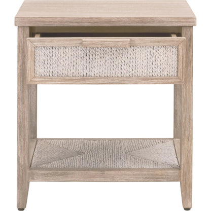 Malay Nightstand by Essentials For Living in white wash abaca rope, natural gray mahogany. Made from natural abaca rope, solid mahogany wood, mdf in a cottage & farmhouse style.