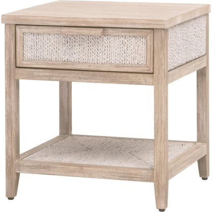 Malay Nightstand by Essentials For Living in white wash abaca rope, natural gray mahogany. Made from natural abaca rope, solid mahogany wood, mdf in a cottage & farmhouse style.