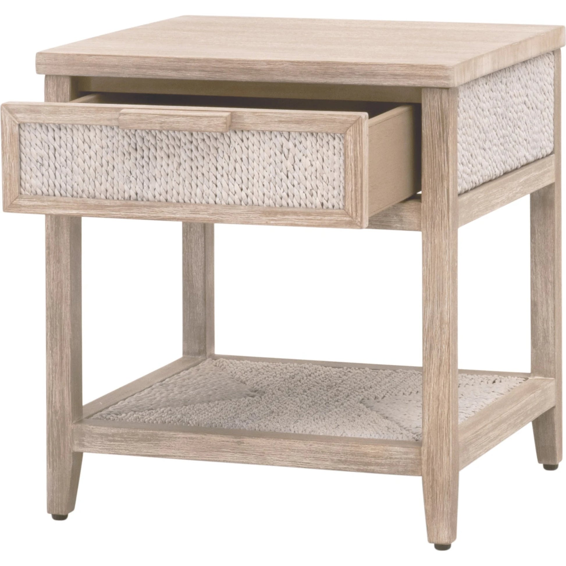 Malay Nightstand by Essentials For Living in white wash abaca rope, natural gray mahogany. Made from natural abaca rope, solid mahogany wood, mdf in a cottage & farmhouse style.