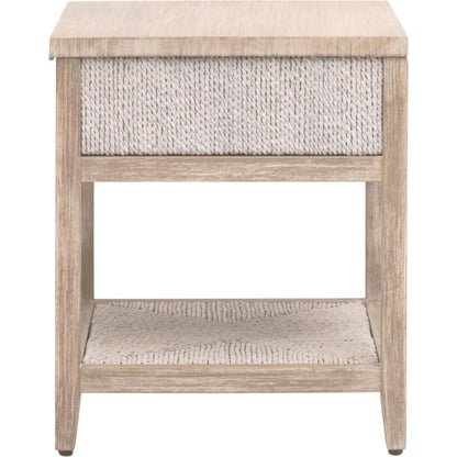 Malay Nightstand by Essentials For Living in white wash abaca rope, natural gray mahogany. Made from natural abaca rope, solid mahogany wood, mdf in a cottage & farmhouse style.