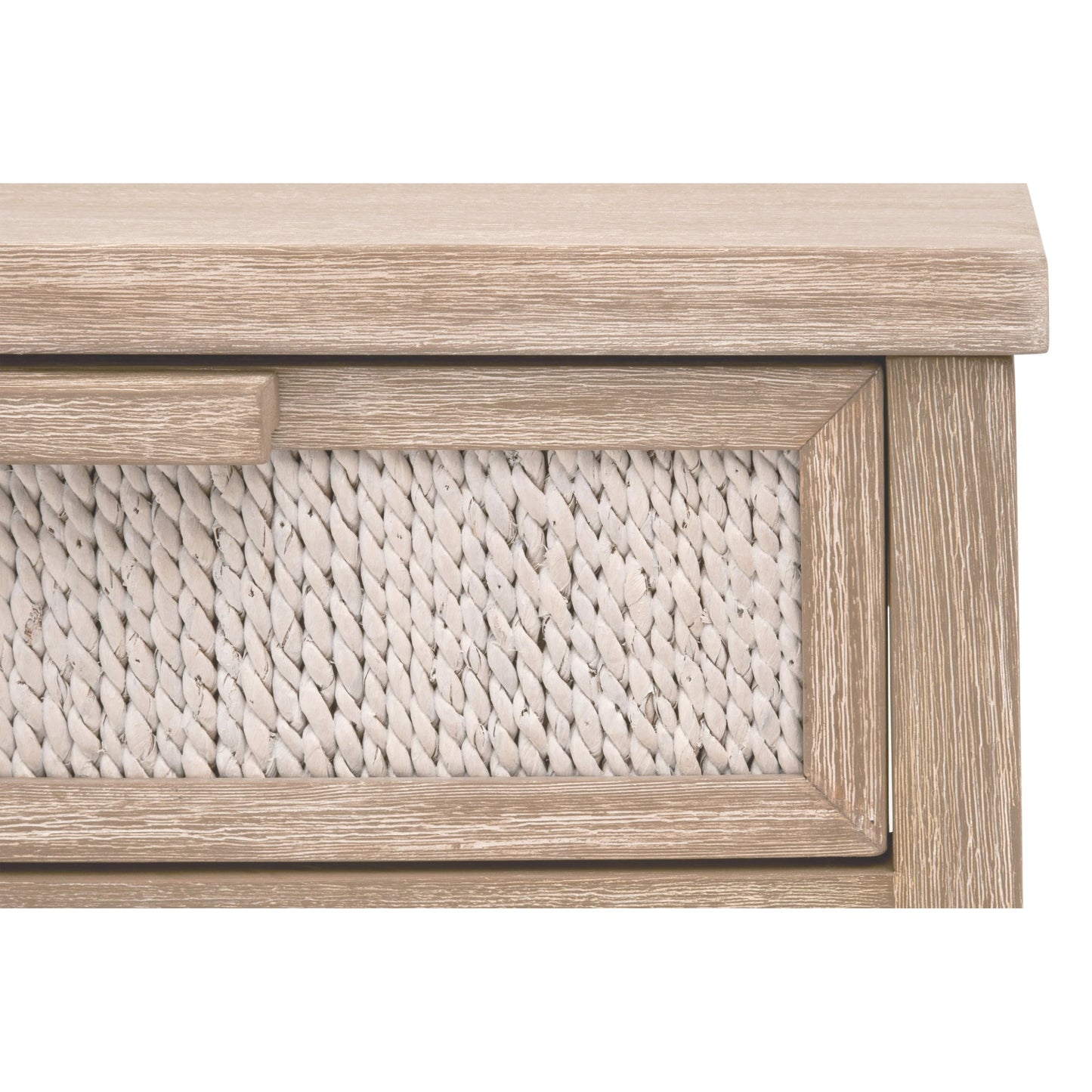 003 SI-2138255 | Closeup | Malay Nightstand by Essentials For Living in white wash abaca rope, natural gray mahogany. Made from natural abaca rope, solid mahogany wood, mdf in a cottage & farmhouse style.