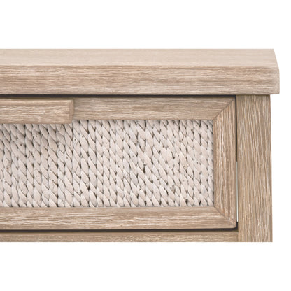 Malay Nightstand by Essentials For Living in white wash abaca rope, natural gray mahogany. Made from natural abaca rope, solid mahogany wood, mdf in a cottage & farmhouse style.