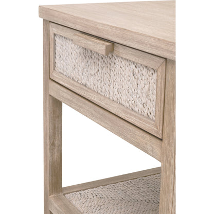 Malay Nightstand by Essentials For Living in white wash abaca rope, natural gray mahogany. Made from natural abaca rope, solid mahogany wood, mdf in a cottage & farmhouse style.