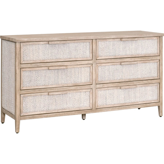 Malay Double Dresser by Essentials For Living in white wash abaca rope, natural gray mahogany. Made from natural abaca rope, solid mahogany wood, mdf in a cottage & farmhouse style.