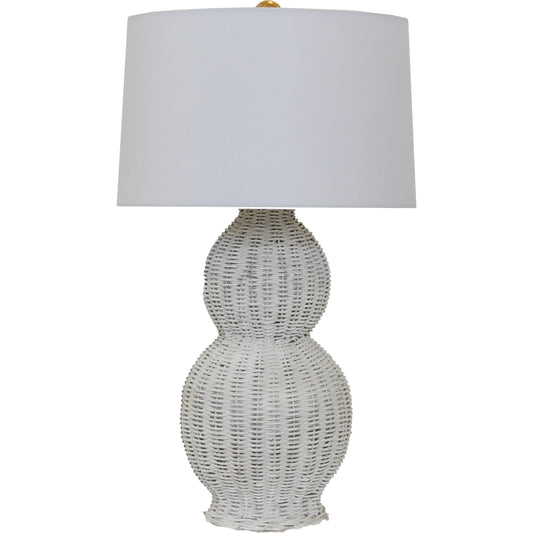 Malina Table Lamp by Worlds Away in white. Made from rattan, metal, linen in a coastal style.