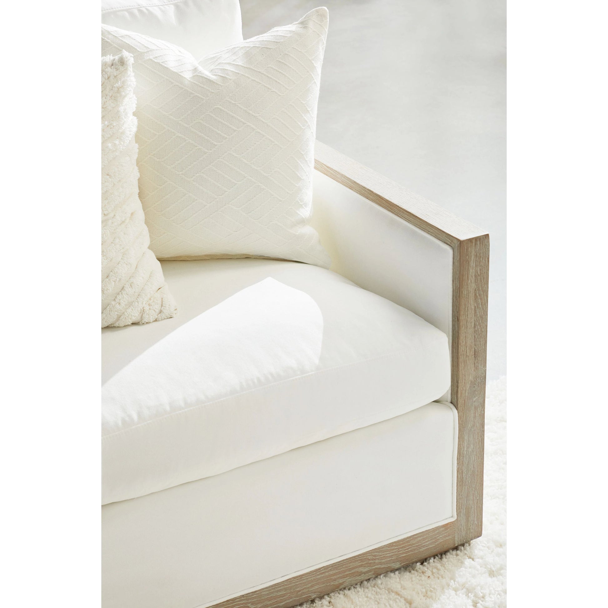 Manhattan Sofa by Essentials For Living in livesmart peyton-pearl, natural gray oak. Made from solid oak wood, mdf, plywood, 98% polyester, 2% nylon fabric, foam, feather in a coastal style.